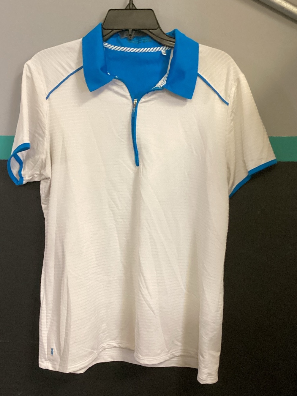 White Polo Top with Blue Trim and Zip Collar